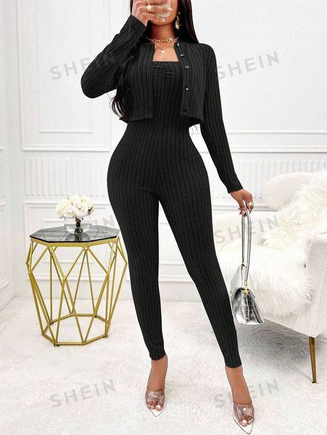 SHEIN USA Knit Jumpsuit, Long Sleeves Jacket, Two Piece Outfit, Kids Beachwear, Home Textile, Women Clothes Sale, Ribbed Knit, Clothing And Shoes, Two Piece