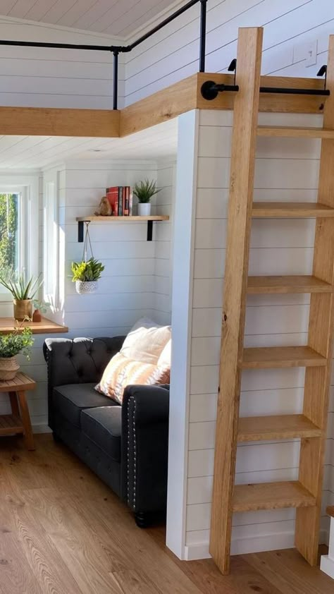 Mini House Loft Ideas, Loft Bed Tiny House, Cabin Loft Ladders, Rustic Farmhouse Tiny House, How To Build Loft Stairs, Tiny House Stairs Diy Loft Ladders, Tiny House Dog Space, Tiny House Loft Ladder Ideas, Tiny Home Loft Ladder