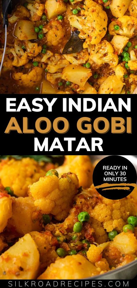 Chicken Curry With Vegetables Indian, Indian Cauliflower Recipes Aloo Gobi, Aloo Mattar Curry Easy, Aloo Gobi Recipe Easy, Gobi Curry, Gobi Recipes, Potatoes And Peas, Cauliflower Potatoes, Indian Meal