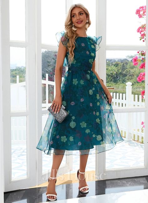 Floral Print U-Neck Elegant A-line Organza Midi Dresses (295289013) Floral Organza Dress, Organza Midi Dress, House Dresses, Organza Dress, Korean Dress, House Dress, U Neck, Classy Dress, Midi Dresses