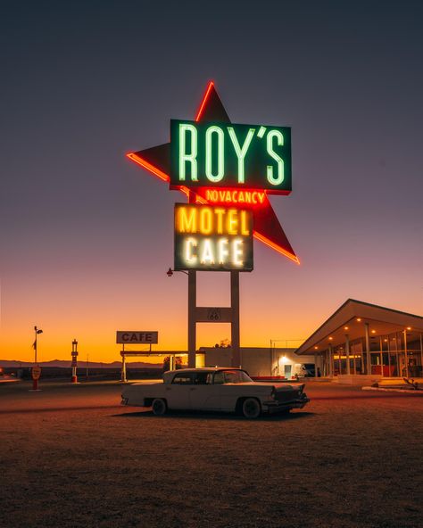 Route 66 Aesthetic, Cafe Neon Sign, Driving Route 66, Business Entrance, Cafe Neon, Tulsa King, American Neon, Highlight Colors, Town Landscape