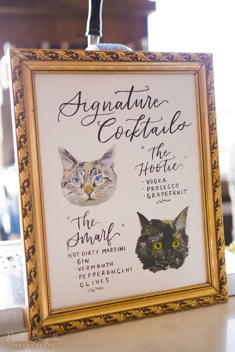 Signature Drink Signs, Signature Cocktail Sign, Wedding Signature Drinks, Cat Wedding, Signature Cocktails, Cocktails Sign, Signature Drinks Sign, Wedding Pets, Drink Signs