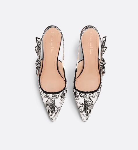 J'Adior Slingback Pump White and Black Cotton Embroidered with Plan de Paris Motif | DIOR Plan Paris, Dior Star, Embroidered Ribbon, Icon Shoes, Dior Sandals, Ballerina Pumps, Dior Book Tote, Christian Dior Couture, Dior Couture