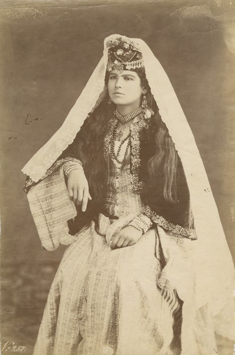 From the Endangered Archives blog post 'The Good Woman named Bonfils' Image: Young woman from Lebanon, albumin print, attributed to Lydie Bonfils (?), ca. 1876-85. Lebanese Clothing, Georgian Clothing, Lebanese Women, Folk Dresses, French Photographers, Female Photographers, Women Names, International Film Festival, Beirut