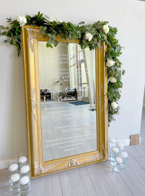 Greenery Over Mirror, Greenery On Mirror, Greenery Around Mirror, Mirror With Greenery, Greenery Mirror, Gold Mirror Wedding Sign, Mirror Wedding Sign, Gold Mirror Wedding, Salon Makeover