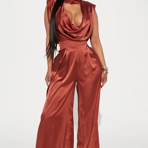 Satin Jumpsuit Cowl Neck Mock Neck Padded Shoulders Invisible Side Zipper Wide Leg 97% Polyester 3% Spandex 2 Piece Jumpsuit, Coco Fashion, Green Dress Pants, Fashion Nova Jumpsuit, Satin Fashion, Black And White Pants, Satin Jumpsuit, Olive Green Dresses, Wide Leg Dress Pants