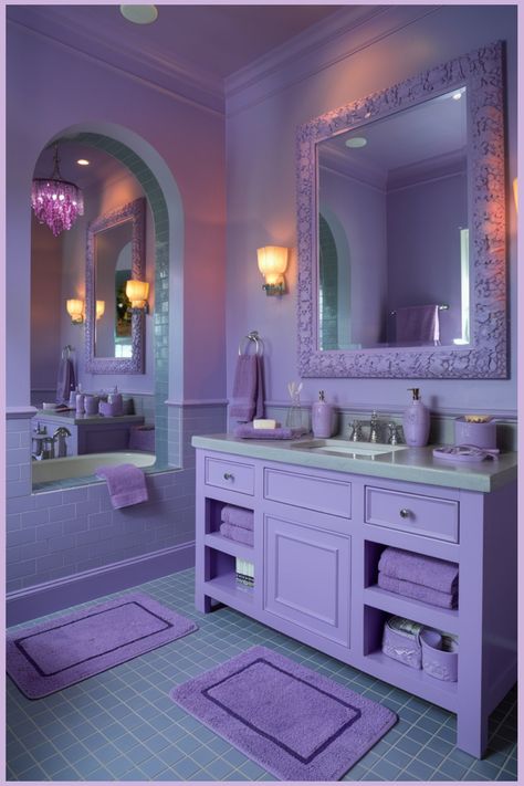 A bathroom with lavender walls and lavender decor, including towels, rugs, and a chandelier. Purple Bathroom Aesthetic, Purple And Grey Bathroom Ideas, Violet Bathroom, Purple Bathroom Ideas, Lavender Tile, Lavender Shower Curtain, Lavender Wall Decor, Lavender Walls, Purple Bathroom