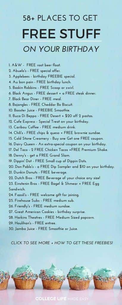 Where to Get Free Stuff for Your Birthday - List of Birthday Freebies for Adults #birthdayfreebies #freebies Best Birthday Food Ideas, Free Food For Birthday, Stuff For Birthday List, Birthday Ideas To Go Out, Places To Get Free Food On Your Birthday, Places To Go Out To Eat For Your Birthday, Where To Go For Your Birthday Ideas, Free Things To Get On Birthday, Things To Do For 23rd Birthday