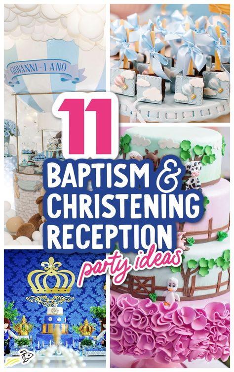 11 Baptism & Christening Reception Party Ideas & Decorations Baptism Reception Ideas, Baby Christening Decorations, Christening Decorations Boy, Christening Party Ideas, Christening Food, Reception Party Ideas, Christening Centerpieces, Baptism Reception, Baptism Decorations Boy