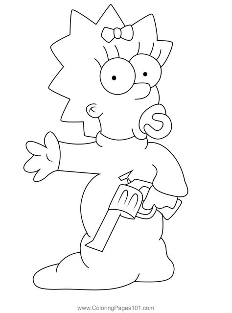 Maggie Gun Coloring Page Maggie Simpson Drawing, Maggie Simpson Tattoo, Indie Coloring Pages, Dope Coloring Pages, Trippy Coloring Pages, Simpsons Drawings, Maggie Simpson, Disney Drawings Sketches, Trippy Drawings