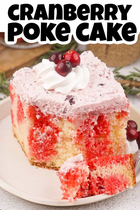 Don't miss out on this mouthwatering cranberry poke cake recipe! Infused with cranberry flavors, every slice of this moist and delicious cake offers a unique depth of flavor. Complete with a luscious cranberry sauce frosting, this cake is the perfect addition to your holiday meal. No matter your baking skill level, this stunning treat is sure to impress. Cranberry Poke Cake Recipes, Cranberry Christmas Cake Recipe, Christmas Cranberry Poke Cake, Cranberry Poke Cake, Christmas Poke Cake Recipes, Thanksgiving Poke Cake, Cranberry Pound Cake Recipe, Easy Poke Cake, Christmas Cake Roll