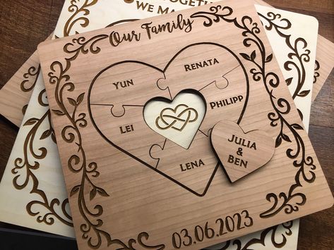 Custom Heart Puzzle Unity Ceremony Idea Wood Wedding Sign with Stand Blended Family Personalized Gift Engraved by LunaWoodworks on Etsy Cherry Light, Blended Family Wedding, Puzzle Wood, Puzzle Family, Wedding Ceremony Unity, Engraved Wood Signs, Wood Anniversary Gift, Cnc Engraving, Personalized Family Gifts