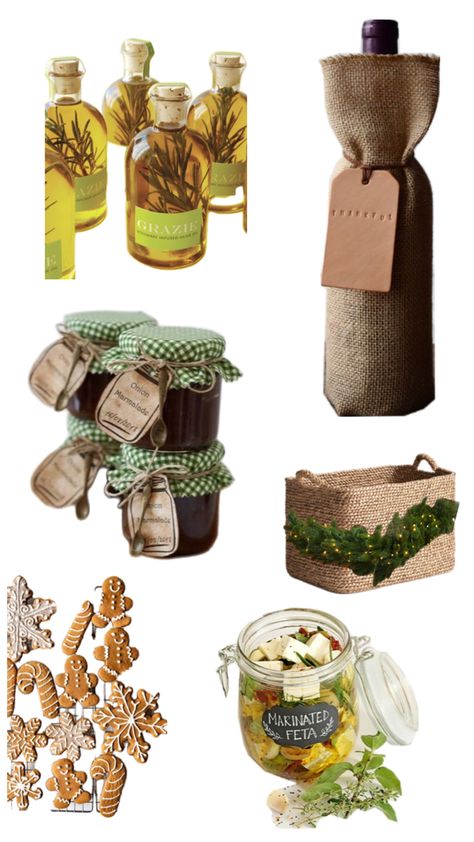 Looking for a unique and elegant Christmas gift basket idea? 🌿✨ Include artisanal treats like rosemary-infused olive oil, homemade onion marmalade, and marinated feta in a jar for a gourmet touch. Add festive baked goods such as gingerbread cookies for sweetness, and wrap a bottle of wine in rustic burlap for sophistication. Finish the basket with a cozy, natural aesthetic using a woven basket decorated with greenery and fairy lights. Perfect for food lovers and holiday hosts! Wine And Cookies Gift, Christmas Baking Gifts Basket, Savory Christmas Gifts, Homestead Gift Basket, Wrap A Bottle, Baking Gift Basket, Marinated Feta, Christmas Baking Gifts, Home Keeping