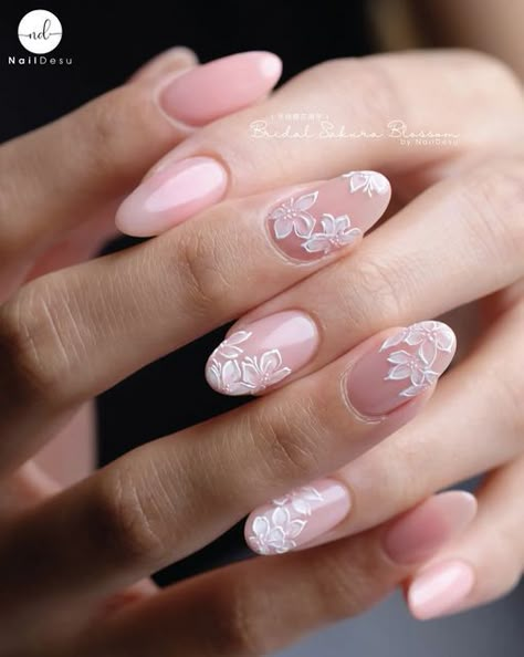 Baby In Bloom Nail Ideas, White Floral Nail Art, Bridal Nails Flowers, Wedding Nails For Bride Flower, Flower Wedding Nails For Bride, Bridal Flower Nails, Lace Nail Design Wedding, Bridal Nail Designs Brides Elegant, Bridal Nails With Flowers