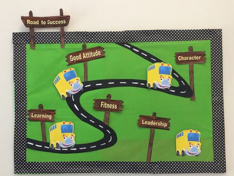 Road Bulletin Board, Club Booth, Evs Project, Graduation Bulletin Board, Road Trip Theme, Disney Cars Theme, Yearbook Class, Bullentin Boards, Reading Center