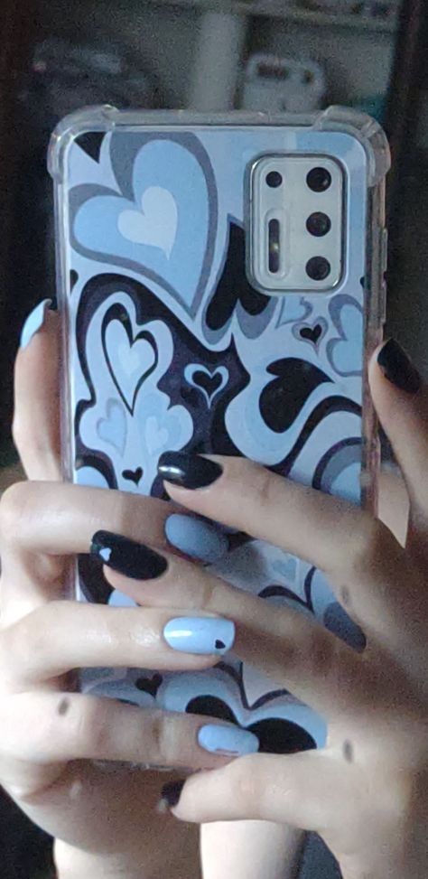 Natural nails two toned light and dark blue with heart design, match heart swirled phone case Dark Blue Phone Case Aesthetic, Light Blue Phone Case Aesthetic, Blue Phone Case Aesthetic, Light Blue Phone Case, Dark Blue Phone Case, Phone Case Aesthetic, Blue Phone Case, Aesthetic Nails, Case Aesthetic