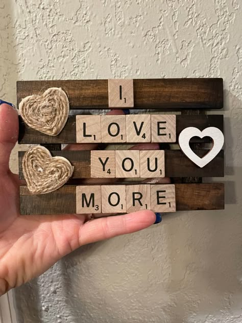 Scrabble Valentines Day Gift Ideas, Valentine’s Diy Crafts, Valentine Scrabble Crafts, Scrabble Christmas Tree, Diy Jenga Blocks Ideas Valentines, Easy Valentine’s Day Crafts For Adults, Wood Valentine Crafts, Valentines Wood Crafts, February Crafts For Adults