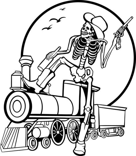 line art of a skull riding a train Halloween Hallway, Train Conductor, A Skull, Graphic Templates, A Train, Skeleton, Line Art, Hallway, Vector Free