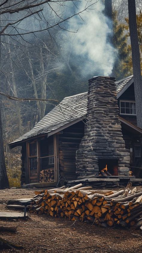 Rustic cabin with stone chimney in secluded forest setting, smoke gently rising from chimney, surrounded by bare trees and woodpile, creating a tranquil atmosphere. Woods Cabin Aesthetic, Small Cabin In Woods, Cabin In The Woods Aesthetic Dark, Cozy Forest Aesthetic, Forest Cabin Aesthetic, 1800s Cabin, Forest Cottage Interior, Victorian Cabin, Log Cabin Aesthetic