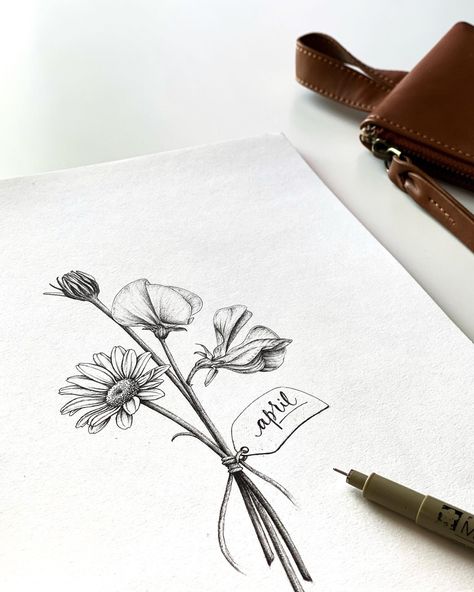 Daisy And Sweet Pea Drawing, April Birth Flower Tattoo Daisy And Sweet Pea, April Birth Flower Tattoo Ideas, Daisy And Sweetpea Tattoo, Daisy And Sweet Pea Tattoo Birth Flower, April Birth Flower Tattoo Daisies, Daisy And Sweet Pea Tattoo, April Flower Tattoo, April Birth Flowers