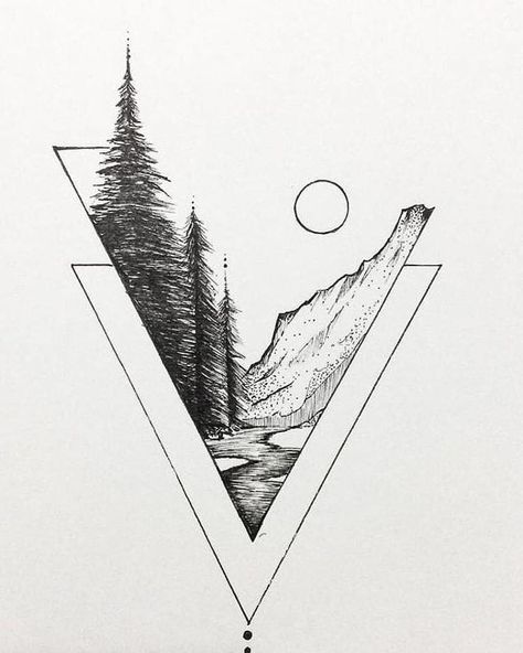 Pine Tree And Mountain Tattoo, Kunst Tattoos, Landscape Tattoo, Men Tattoos, Drawing Eyes, Geometric Tattoos, Cat Tattoos, Inspiration Tattoos, Drawing Examples