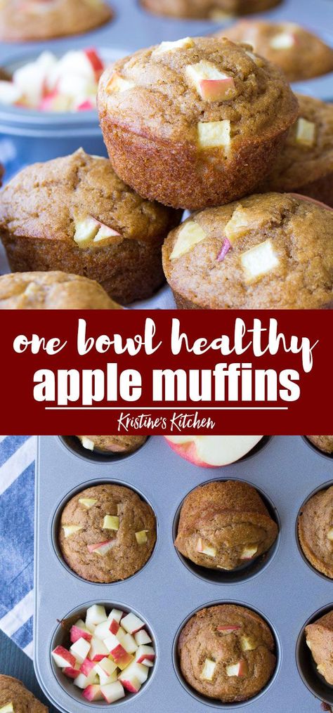 These healthy apple muffins are quick and easy to make in one bowl! This whole wheat muffins recipe is made with applesauce, fresh apples and cinnamon. Make a batch of these best apple muffins for your freezer this fall! #apple #breakfast Apple Recipes Crockpot, Healthy Apple Recipes, Apple Muffins Healthy, Wheat Muffins, Whole Wheat Muffins, Muffins Blueberry, Apple Recipes Healthy, Baked Apple Recipes, Apples And Cinnamon