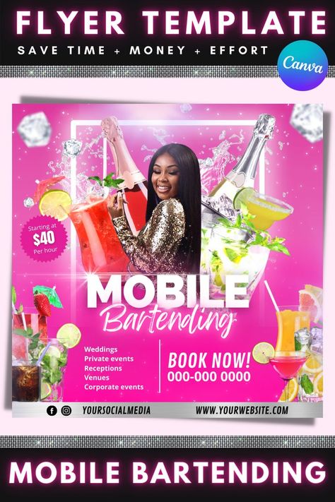 Save, MONEY💸, TIME⌛ and EFFORT💪 with this Mobile Bartending Flyer template! EDIT YOUR FlYER on CANVA on your PC or mobile device. Canva is a FREE web-based design platform that is super simple, easy to use, and FUN! ❤️INSTANT ACCESS to your Flyer after purchase, so no time is wasted! ---------- ✨FEATURES✨ ---------- ✔️Edit and delete text ✔️Arrange text or leave it as is ✔️Add or move around images ✔️Upload your own images/background ✔️Add textboxes and symbols Bartender Flyer Design, Bartender Logo Design Ideas, Bartender Business Card Ideas, Mobile Bar Logo, Bartender Ideas, Bartender Logo, Mobile Bartending Business, Mobile Bartender, Mobile Bartending