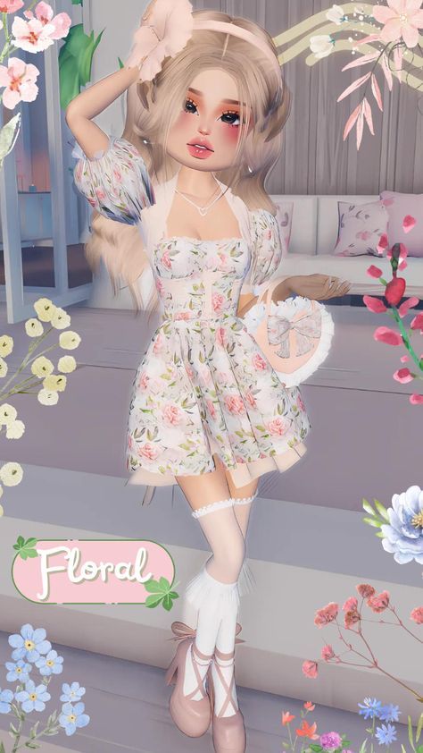 Flower Dti Outfit, Dti Florals Ideas, Pink Floral Dress Aesthetic, Aesthetic Dress To Impress Outfits, Cute Outfit Dress To Impress, Dti Coquette Style, Soft Dress To Impress, Clean Girl Dress To Impress Outfit, Dti Preppy Theme Outfit