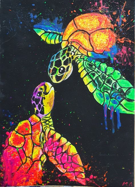 Trippy Animal Art, Neon Acrylic Painting, Neon Painting Ideas Easy, Black Light Art, Glow In The Dark Painting, Glow Painting, Fluorescent Painting, Sea Turtle Artwork, Uv Painting