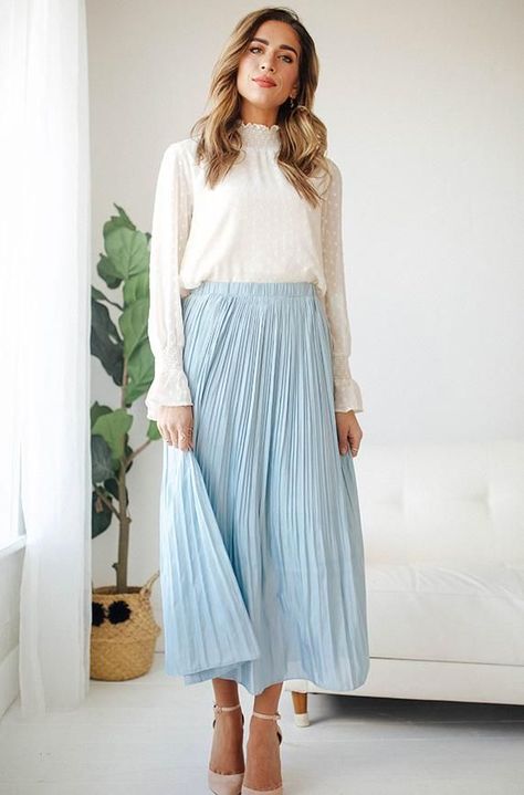 8c00dee24c9878fea090ed070b44f1ab Light Blue Pleated Skirt Outfit, Light Blue Skirt Outfit, Modest Pleated Skirt, Blue Skirt Outfit Ideas, Blue Pleated Skirt Outfit, Blue Skirt Outfit, Missionary Outfits, Tznius Fashion, Modest Lace Dress