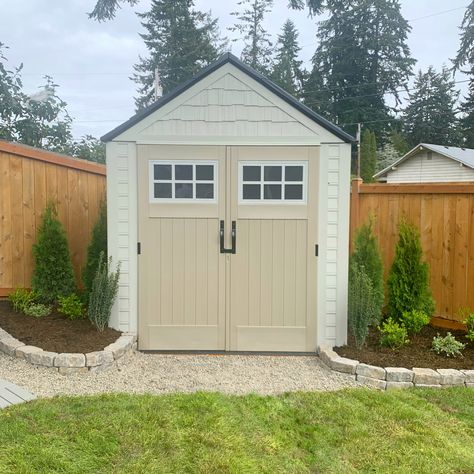 Toy Sheds Outdoor Storage, Small Storage Sheds Ideas Backyard, Backyard Shed Ideas Storage, Shed In Small Backyard, Rubbermaid Shed Makeover, Small Backyard Shed, Shed Landscape Ideas, Small Backyard Shed Ideas, Plastic Shed Makeover