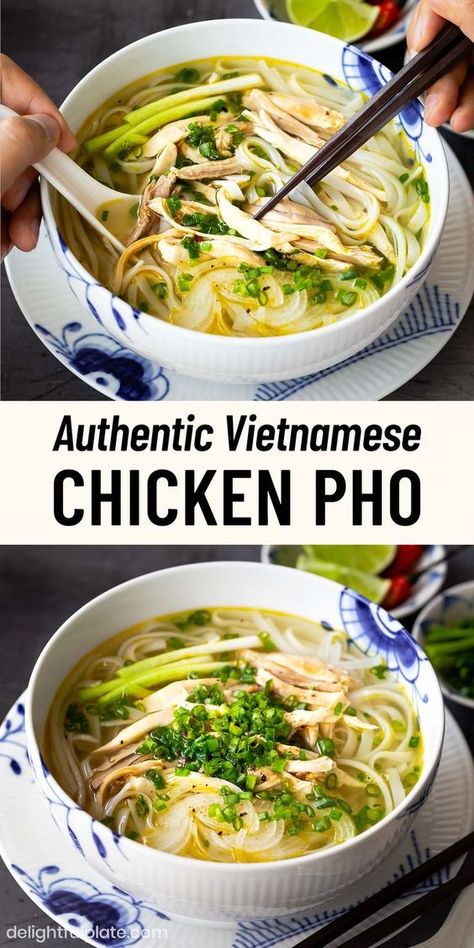 This authentic Vietnamese chicken pho noodle soup (pho ga) recipe features a light, flavorful and fragrant broth, soft rice noodles and shredded chicken. It is very simple and easy to make this dish either on the stovetop or in a pressure cooker such as Instant Pot. It is one of the classic dishes of Vietnamese cuisine. Pho Soup Recipe Easy, Pho Recipe Easy, Vietnamese Pho Soup Recipe, Pho Ga Recipe, Vietnamese Chicken Pho, Pho Soup Recipe, Pho Ga, Pho Noodle Soup, Asian Soup Noodle