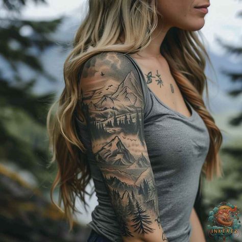 From Artistic Expression to Empowerment: Exploring the Beauty of Women’s Tattoo Sleeve Designs: 113 Designs - inktat2.com Womens Mountain Tattoo, Mountain Tattoo Sleeve, Wild Child Tattoo, Female Empowerment Tattoo, Empowerment Tattoo, Mandala Sleeve, The Beauty Of Women, Tattoo Sleeves, Shoulder Arm Tattoos