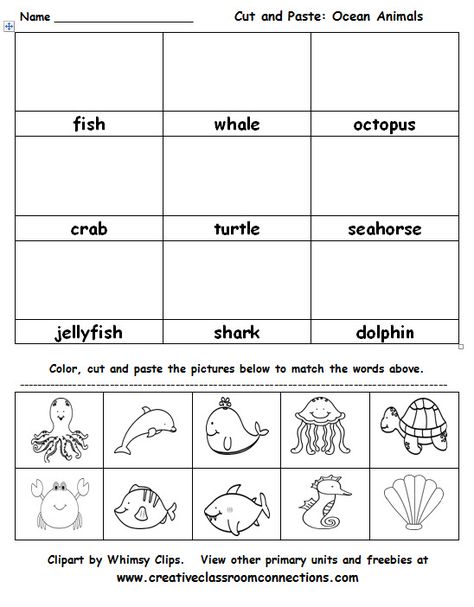 Ocean Animals cut and paste activity is great for vocabulary practice. View this and other ocean materials at www.creativeclassroomconnections.com. Dolphin Worksheet, Sea Animals Preschool, Ocean Animals Preschool, Ocean Lesson Plans, Ocean Theme Preschool, Ocean Habitat, Animals Preschool, Animal Activities For Kids, Animal Lessons