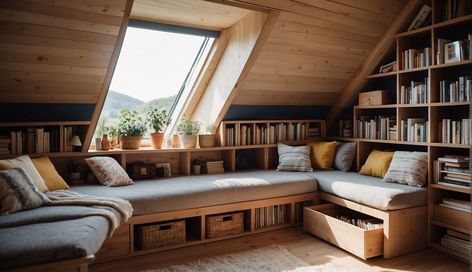 Sloping Ceiling Design, Loft Renovation Ideas, Attic Hang Out Space, Attic Office Design, Building A Loft Space, Tiny Attic Ideas Low Ceilings, A Frame Storage Ideas, Attic Open Space, Low Attic Ideas