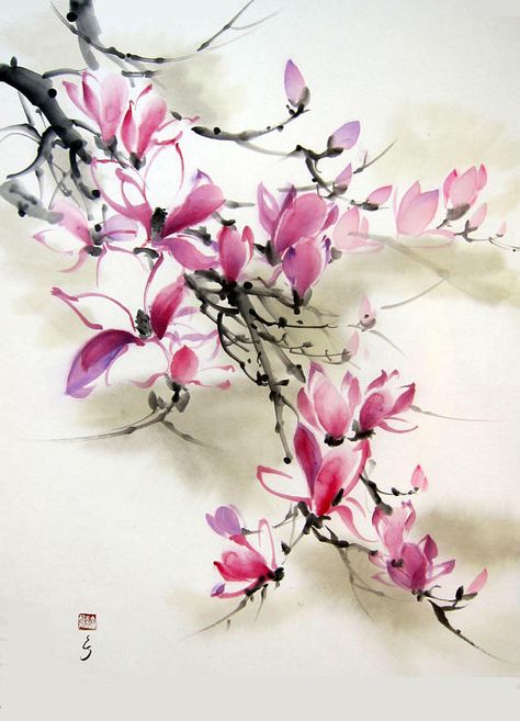 Pink Magnolia Japanese ink painting Ink painting Suibokuga Watercolor Paintings For Sale, Orchids Painting, Magnolia Paint, Japanese Ink Painting, Japanese Watercolor, Sumi E Painting, Chinese Art Painting, Chinese Brush Painting, Asian Painting