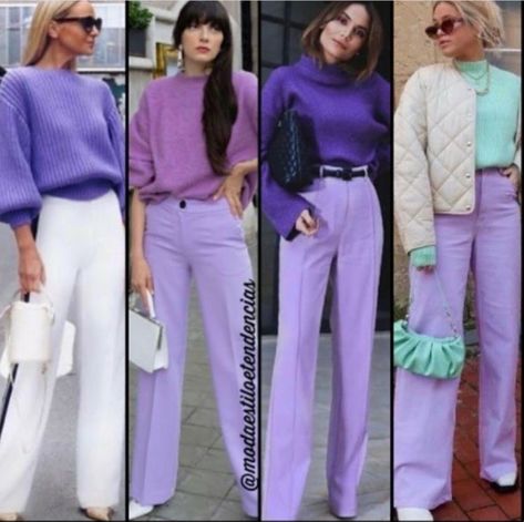 Outfit With Purple Pants, Purple Pant Outfits, Lilac Pants Outfit Color Combos, Purple Pants Outfit Work, How To Style Purple Pants, Violet Pants Outfit, Purple Combination Outfits, Violet Outfit Ideas, Outfit Colour Combinations