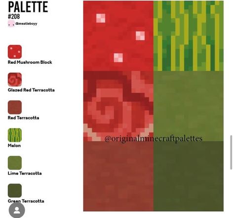 Minecraft Green Palette, Minecraft Pallete Ideas, Minecraft Green Block Palette, Red Minecraft Palette, Mc Block Palettes, Minecraft Block Palette Crimson, Red Block Pallet Minecraft, Minecraft Colour Palette, Minecraft Color Palette