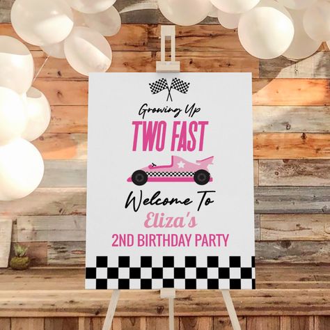 Two Fast Two Furious Birthday Girl, Two Fast Birthday Theme, Race Car 1st Birthday Party, Car 1st Birthday Party, Race Car 2nd Birthday Party, Pink Race Car, Car 1st Birthday, Two Fast Two Furious, Race Car Party Decorations