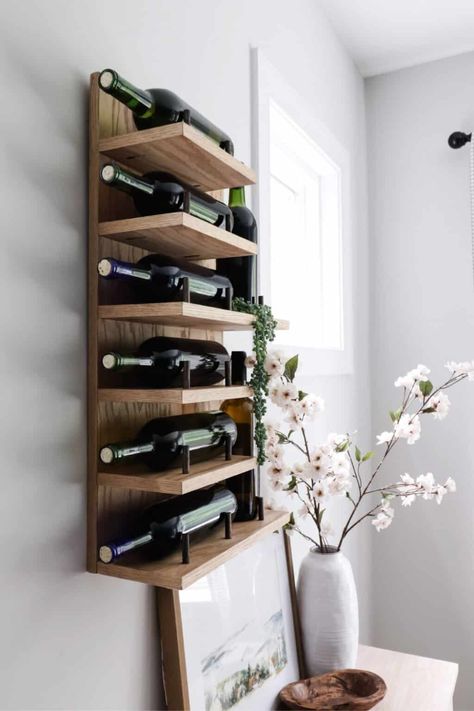 The Easiest DIY Wood Wine Rack Plans Wine Rack Ideas Diy, Diy Wine Rack Wall, Diy Bar Shelf Ideas, Wall Mounted Wine Rack Wood, Bar Shelf Ideas, Wine Nook, Wine Bottle Shelf, Vintage Wine Rack, Wine Rack Plans