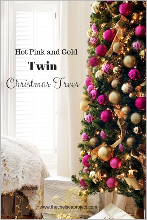 Pink And Gold Christmas Tree, Pink And Gold Christmas, Pink Christmas Tree Decorations, Hot Pink And Gold, Neutral Dining Room, Gold Christmas Tree Decorations, Pink Christmas Decorations, White Christmas Decor, Cool Christmas Trees