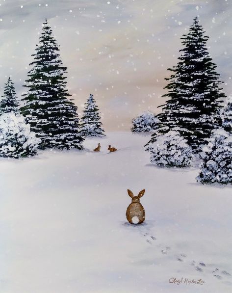 Winter Forest Animals Illustration, Bunny In Snow Painting, Christmas Forest Painting, Animals In Snow Painting, Snowy Church Painting, Winter Art Inspiration, Christmas Rabbit Drawing, Simple Winter Painting Ideas, Christmas Landscape Drawing