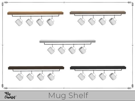 Bar Wall Shelf, Coffee Hooks, Modern Coffee Bar, Coffee Bar Wall, Hanging Mugs, Resource Furniture, Sims 4 Kitchen, Kitchen Wall Shelves, Pouf Chair