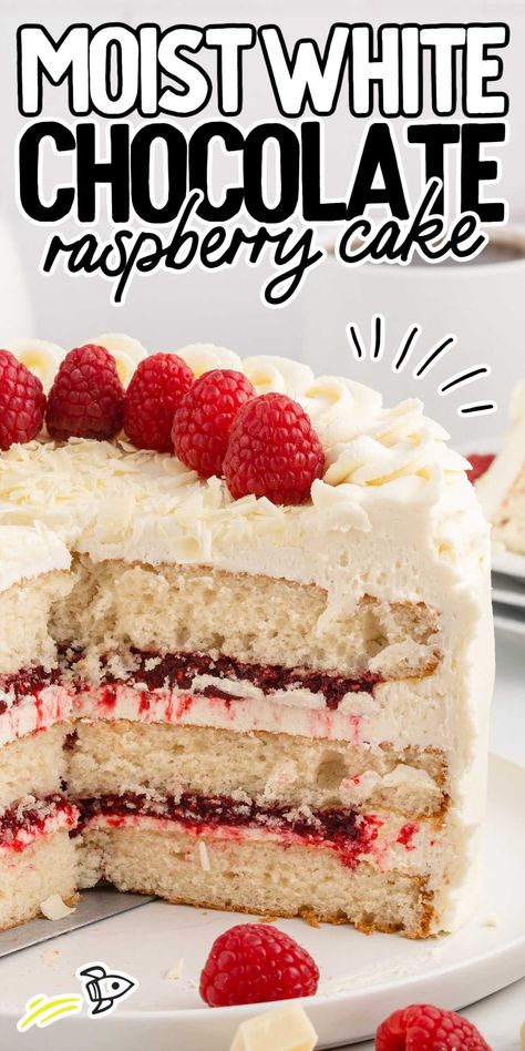 White Chocolate Raspberry Cake White Chocolate Rasberry Cake, Chocolate Raspberry Cake Recipe, White Chocolate Raspberry Cake, Raspberry Cake Recipes, White Chocolate Frosting, White Chocolate Shavings, White Chocolate Cake, Chocolate Raspberry Cake, Raspberry Recipes