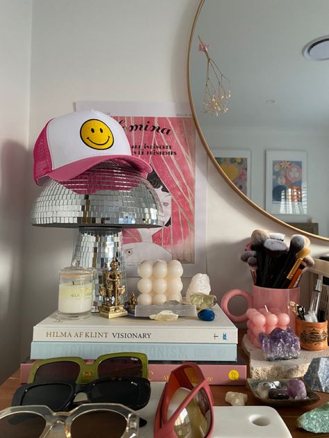 Dresser Decor Maximalist, Maximalist Dresser Decor, Maximalist Dresser, Pink Musician, Maximalist Office, Disco Lamp, Corner Dresser, Musician Room, Apartment Necessities