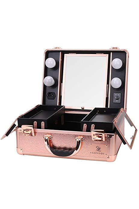 LUVODI Professional Makeup Case with Mirror and Lights Portable Train Case Dimmable LED Bulbs Travel Cosmetic Suitcase Vanity Beauty Box, Rose Gold : Amazon.co.uk: Home & Kitchen Suitcase Vanity, Makeup Suitcase, Professional Makeup Case, Computer Basic, Makeup Train Case, Interactive Stories, Train Case, Luxury Makeup, Cosmetic Organizer