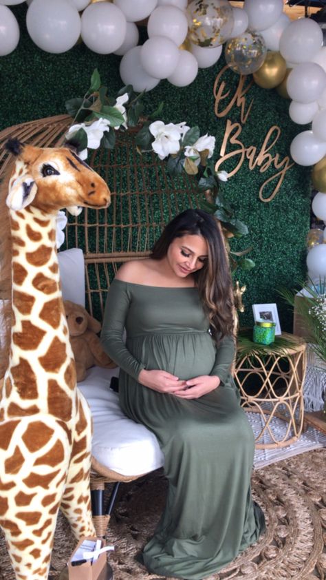 Safari Baby Shower Outfit For Mom, Safari Theme Maternity Shoot, Safari Baby Shower Dress, Giraffe Gender Reveal Ideas, Baby Safari Shower Ideas, Giraffe Gender Reveal Party, Safari Maternity Dress, Safari Theme Baby Shower Ideas, Jungle Theme Baby Shower Ideas