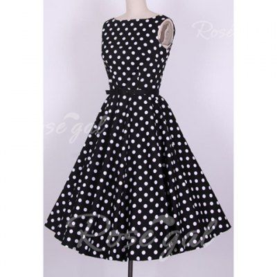 Vintage Scoop Neck Pleated Polka Dot Sleeveless Black Dress For Women Polka Dot Dress Vintage, Rockabilly Mode, Pin Up Vintage, Fashion 50s, 50s Fashion Dresses, Audrey Dress, Theatrical Makeup, Ciao Bella, Pin Up Dresses