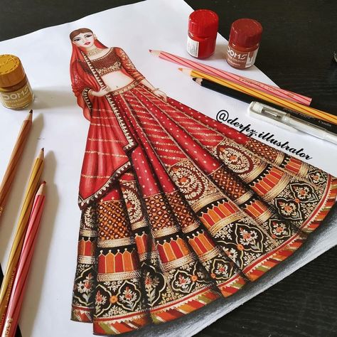 Fashion illustration by @deepz.illustrator s://instagram.com/deepz.illustratorigshid=xbfxt8p1iqva Fashion Illustration Painting, Indian Wear Fashion Illustration, Fashion Art Painting Dresses, Lehenga Designs Illustration, Bridal Illustration Indian Sketches, Fashion Illustration Dresses Indian, Fashion Illustration Indian Wear, Lehnga Illustration Sketch, Bridal Wear Illustration Sketch