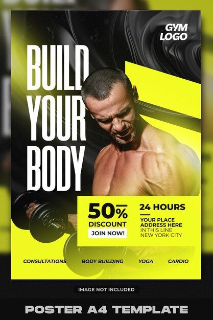 PSD build your body gym poster design | Premium Psd #Freepik #psd #lifestyle #brochure #fit #fitness Gym Posters Design, Gym Membership Poster, Fitness Event Poster, Gym Offer Poster Design, Gym Design Poster, Gym Poster Design Creative, Gym Creative Ads, Gym Graphic Design, Fitness Poster Design